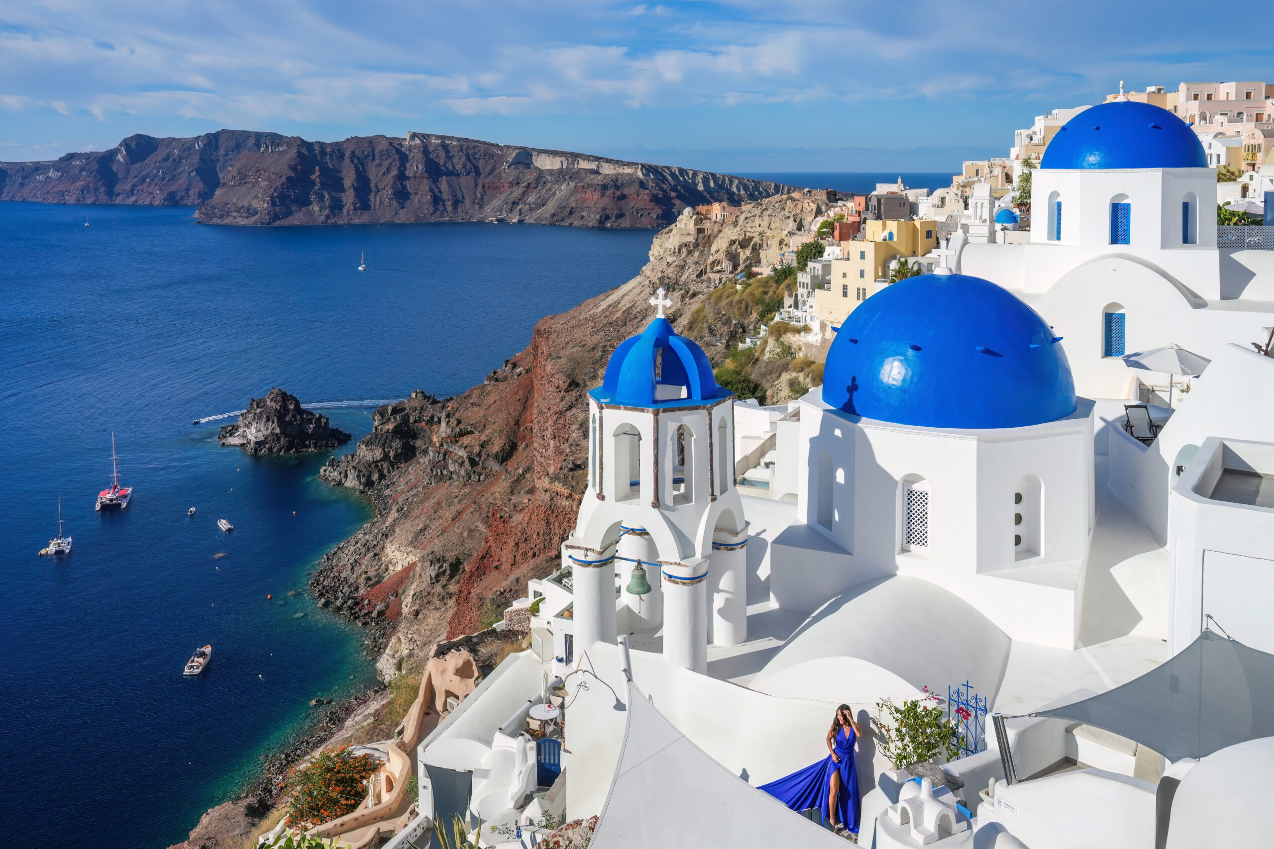 The blue domes of Oia above the caldera, Santorini