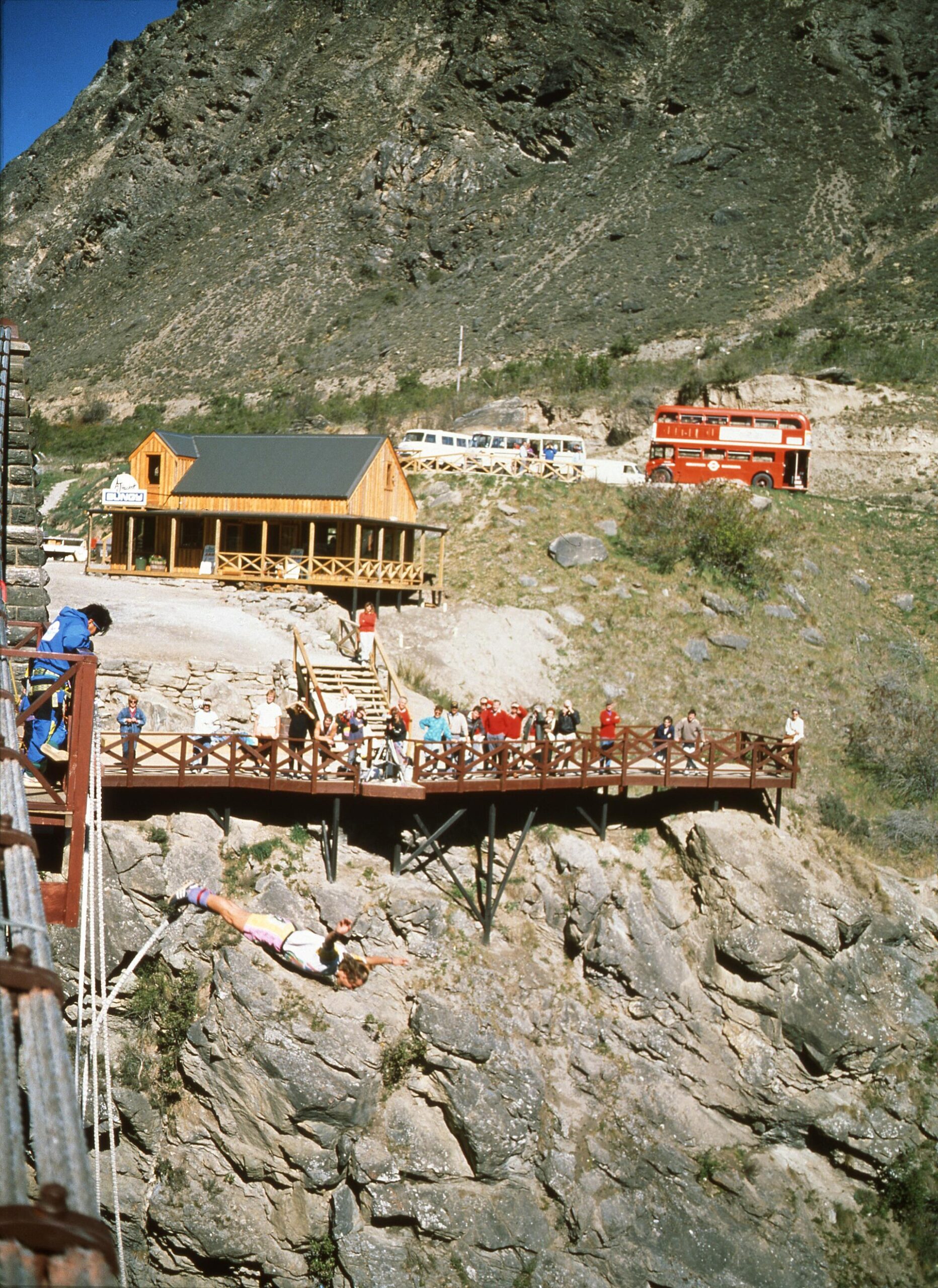 Bungy jumper leaping from the historic Kawarau Bridge near Queenstown