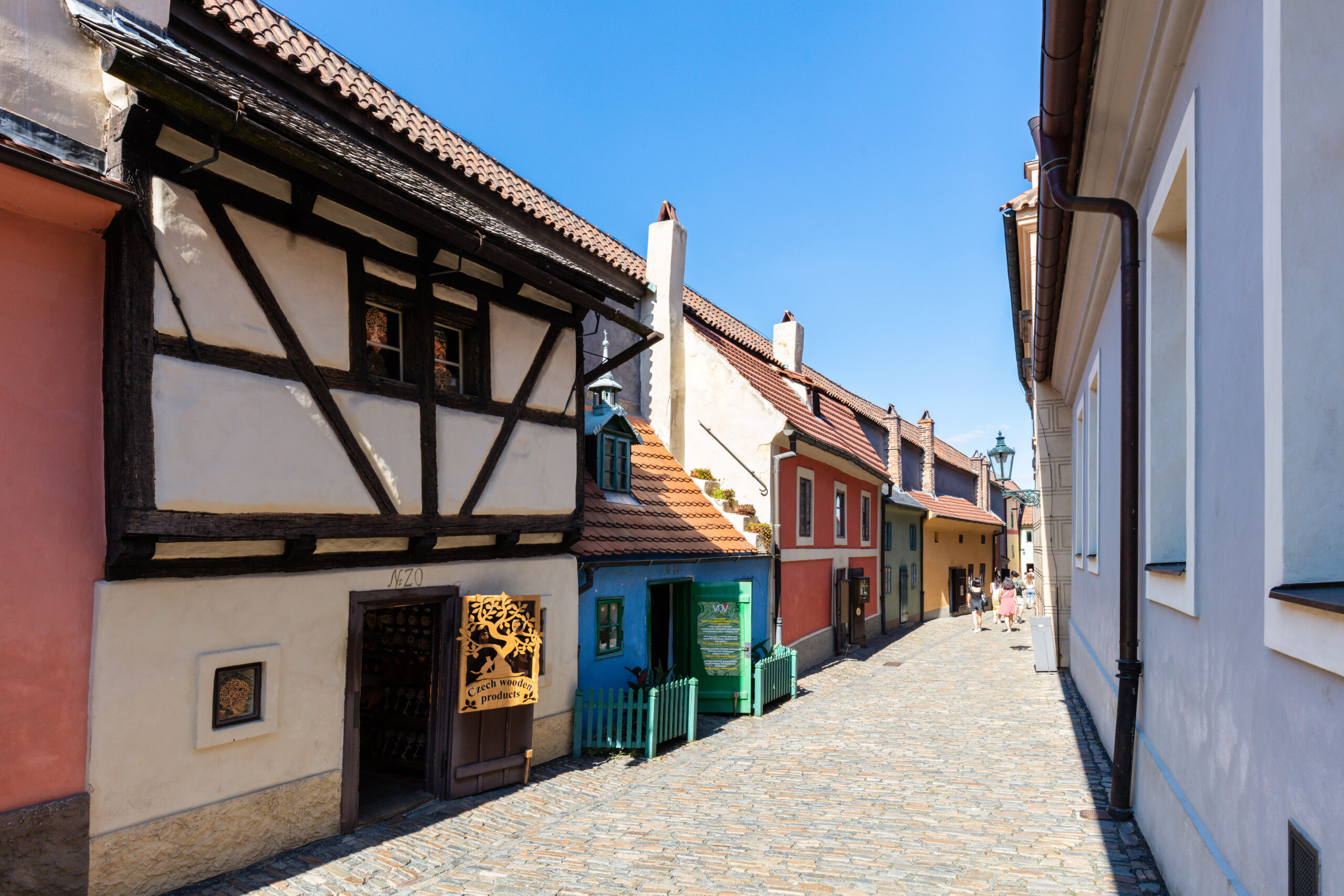 Colorful tiny houses along the Golden Lane inside Prague Castle
