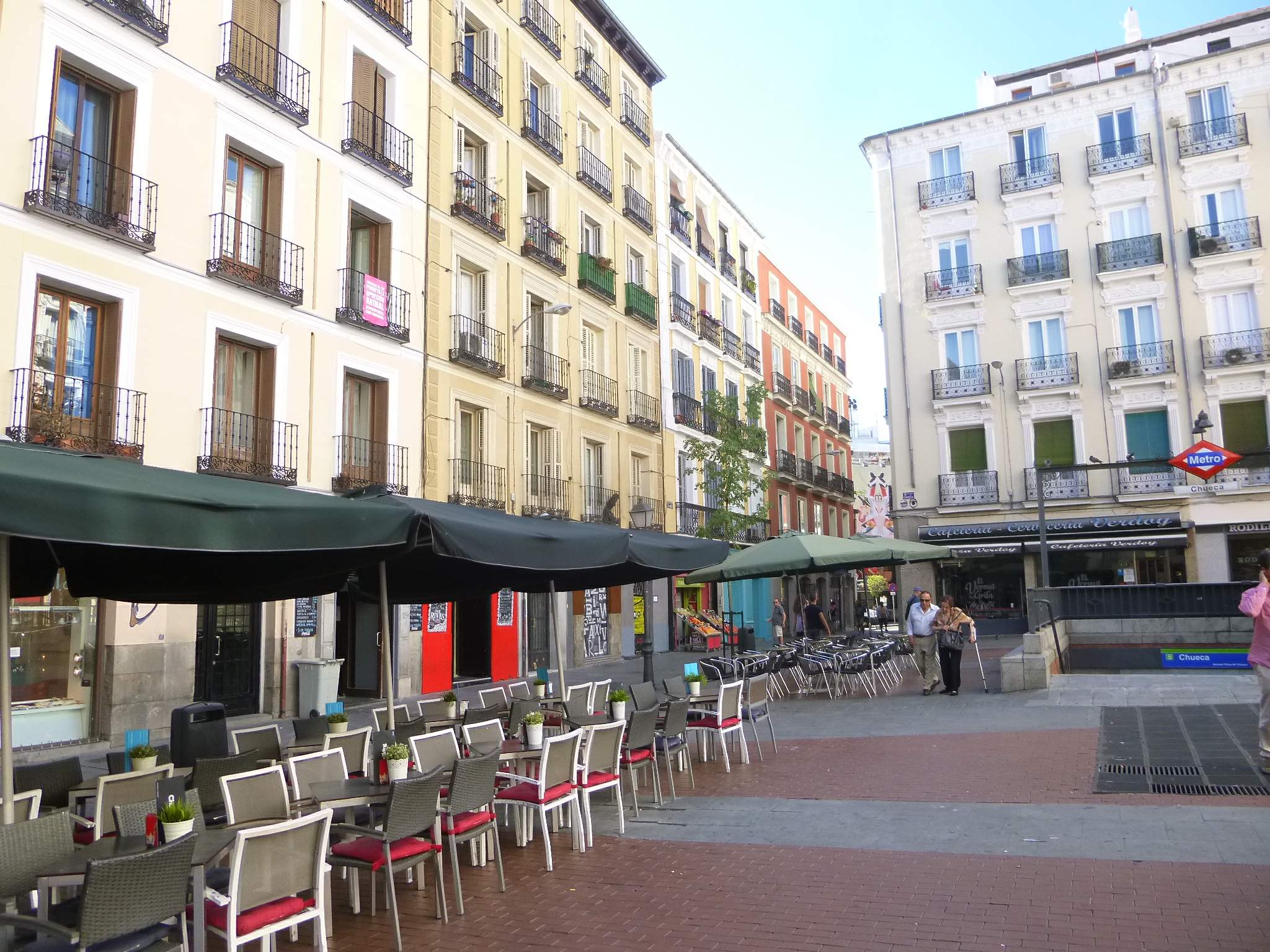 Plaza de Chueca square in Madrid with outdoor café terraces