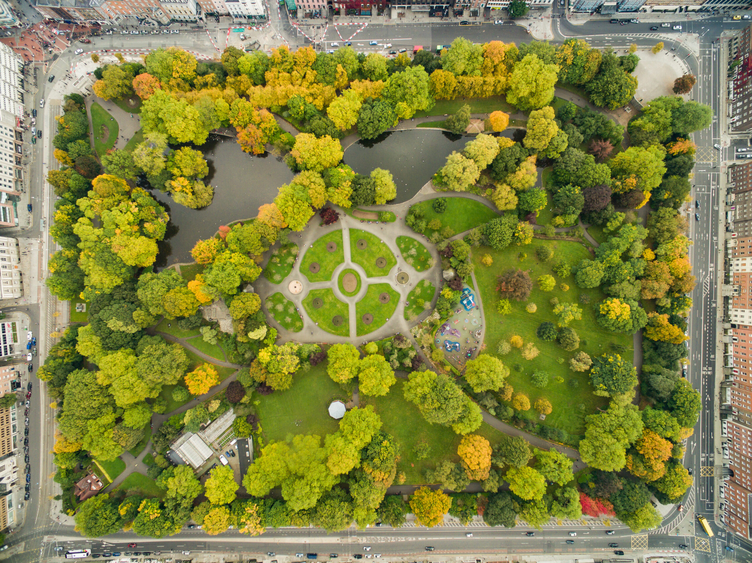 Aerial view of St Stephen's Green park in Dublin