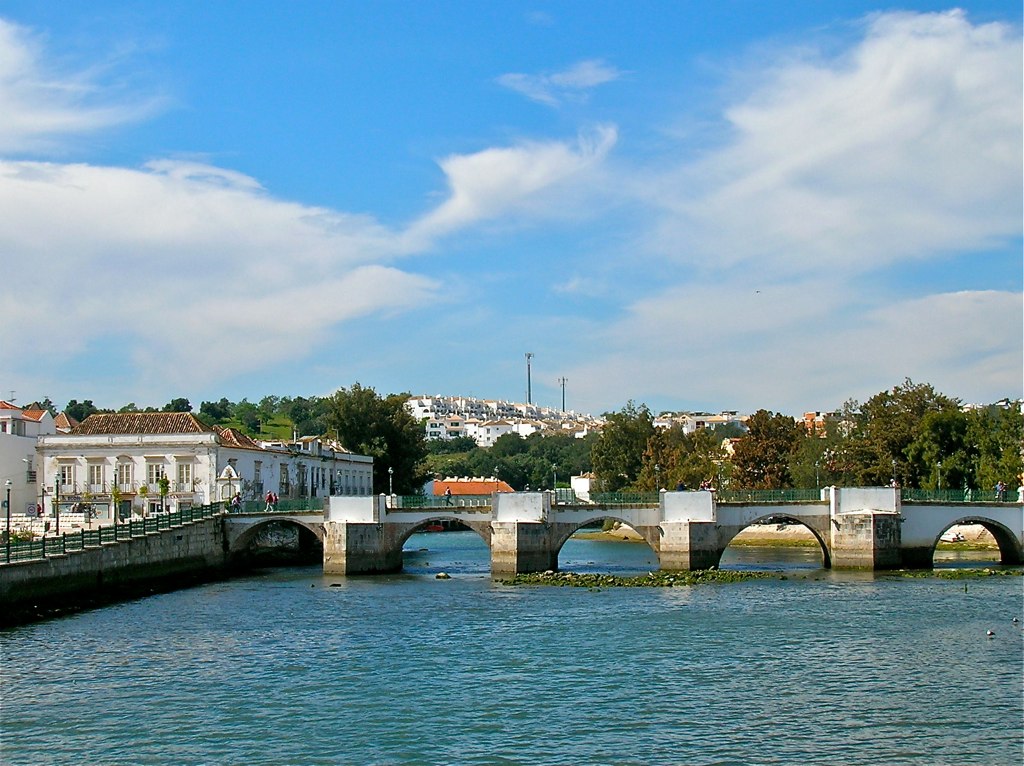 Tavira's historic Roman Bridge over the Gilão River, Algarve