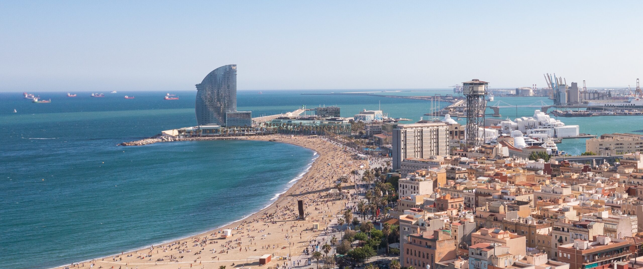 Aerial view of Barceloneta Beach and Port Vell.