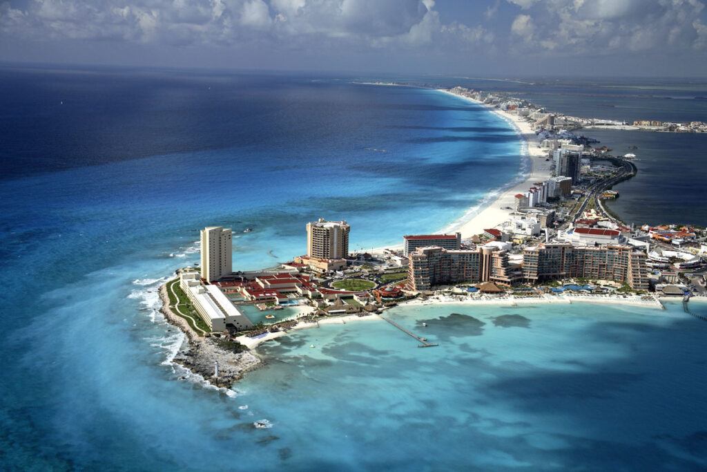 Aerial view of Cancun's Hotel Zone and turquoise Caribbean coastline