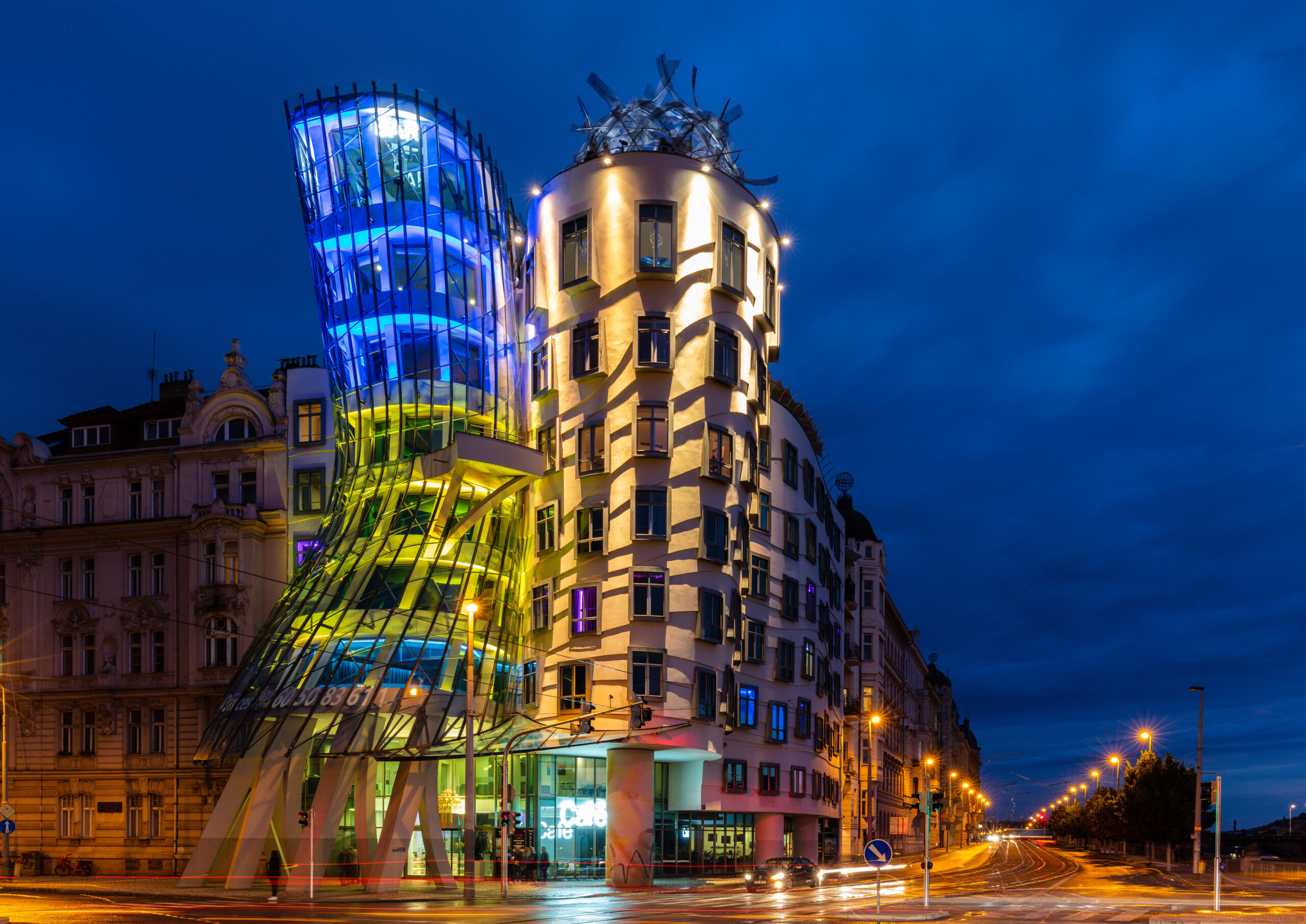 The Dancing House, a deconstructivist building on the Vltava riverbank in Prague