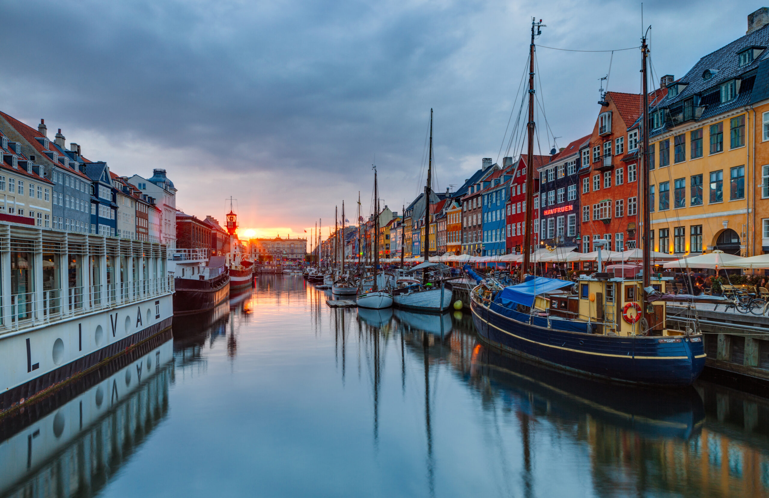 Nyhavn's colorful harbor houses at sunset, Copenhagen