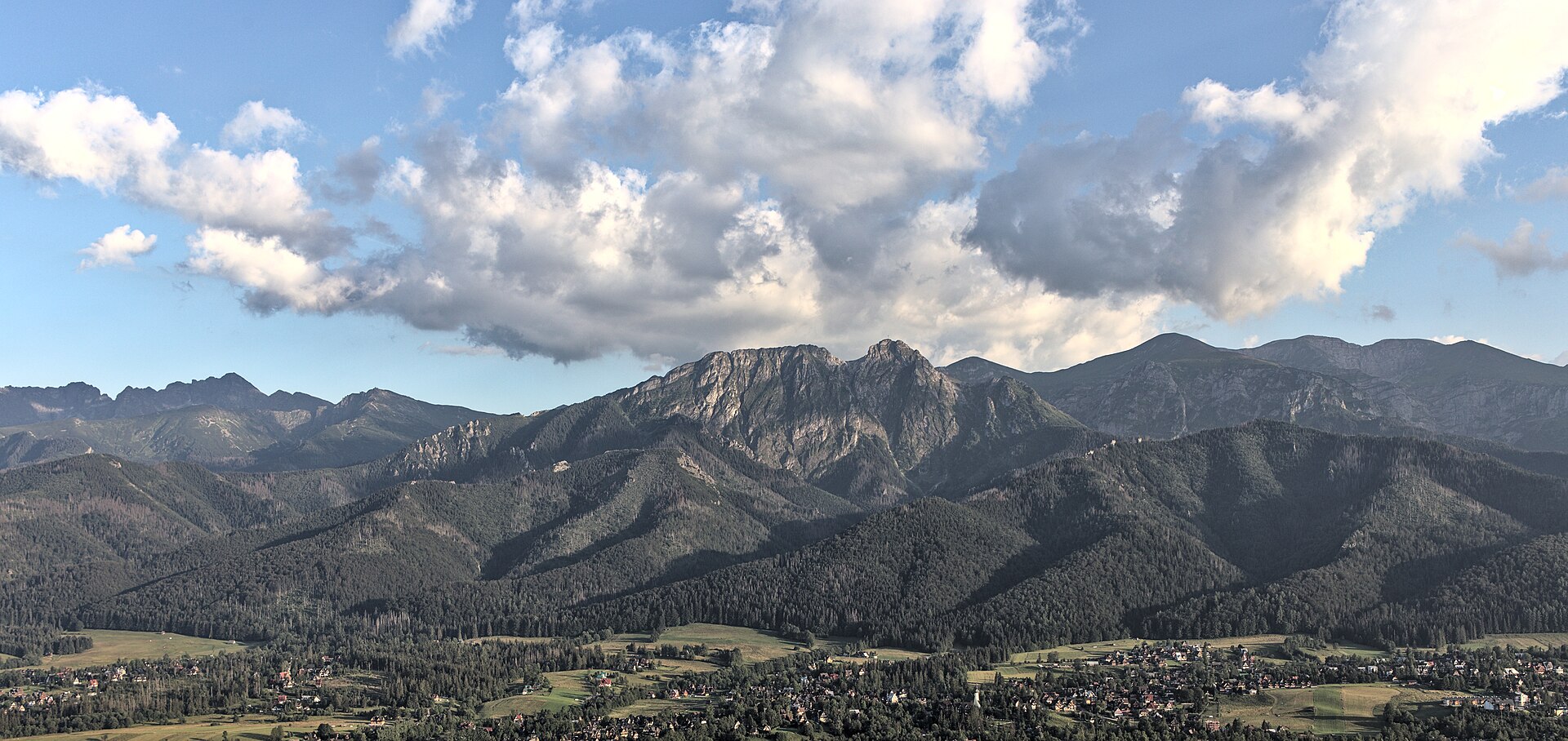 Tatra Mountains panorama from Zakopane with Giewont and snow-dusted peaks above the town