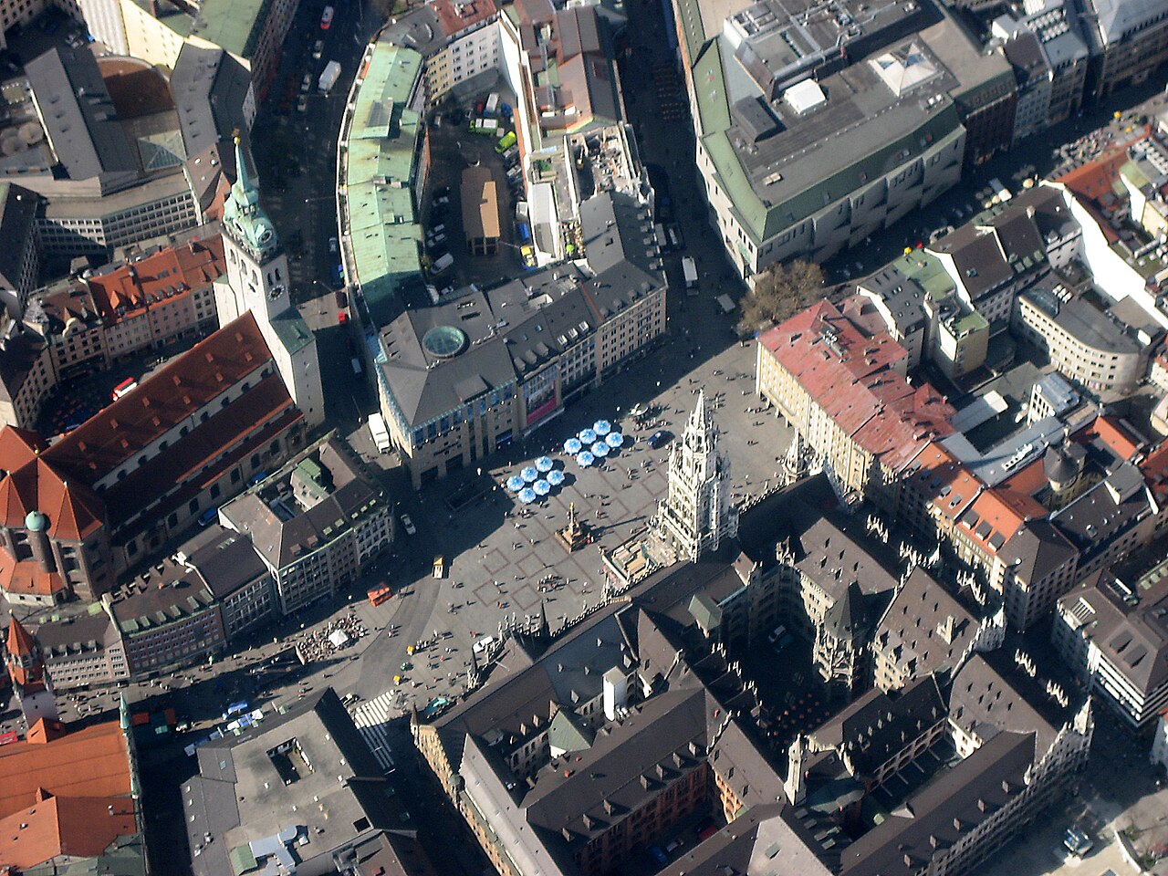 Aerial view of Marienplatz and the Neues Rathaus in Munich's Altstadt
