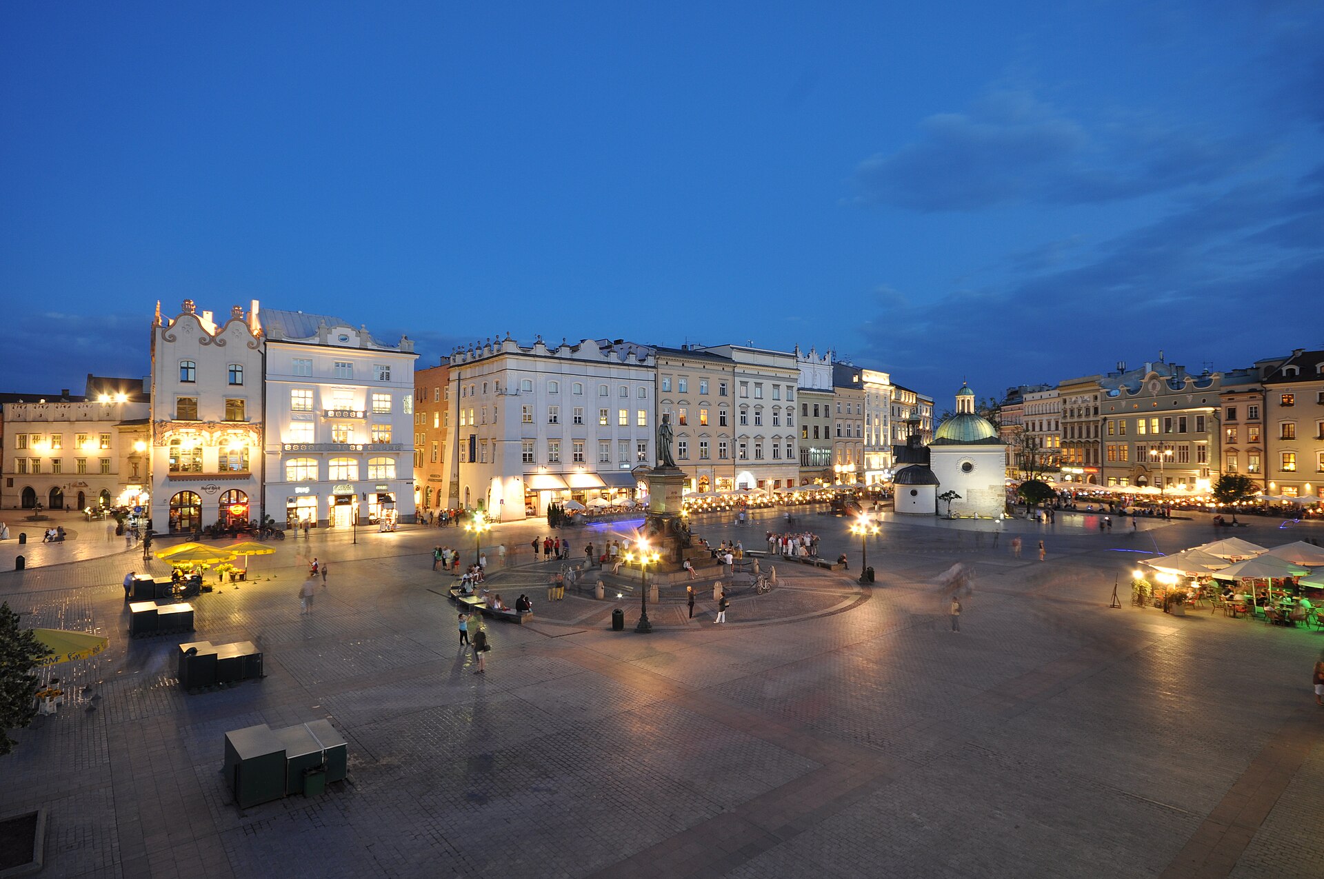 Krakow's Main Market Square (Rynek Główny) in the Old Town at dusk