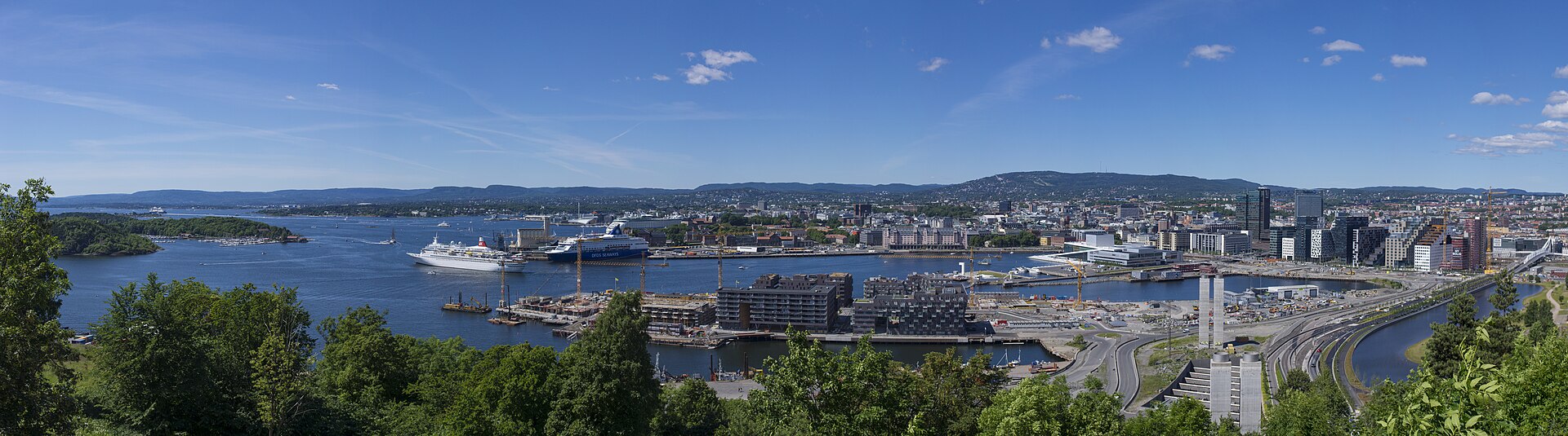 Panoramic view across the Oslofjord towards Oslo's waterfront and harbour