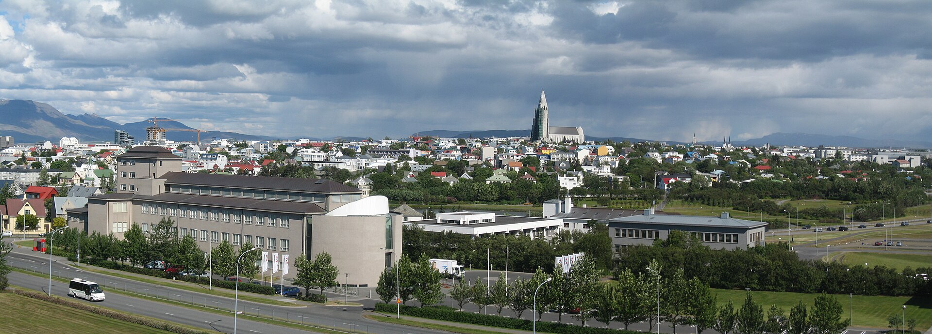Reykjavik cityscape with Hallgrimskirkja and Mount Esja