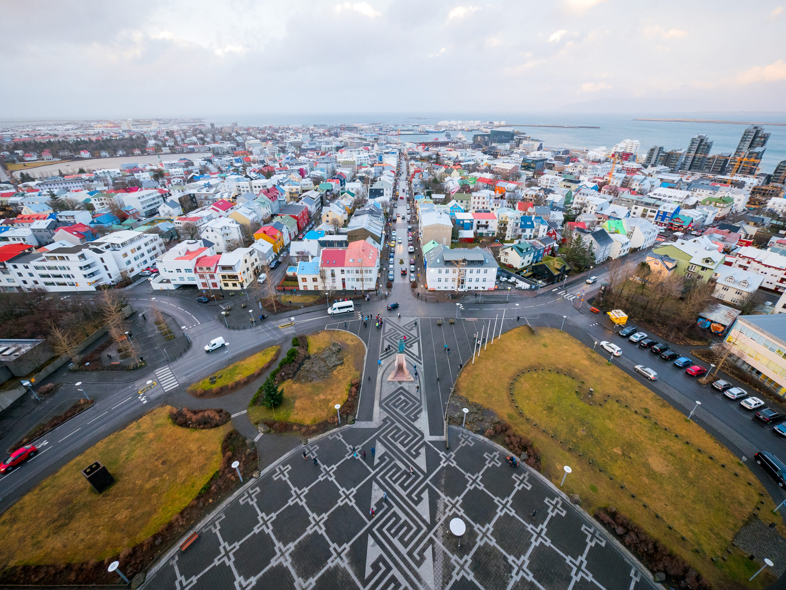 Aerial view of Reykjavik, Iceland with Hallgrímskirkja church