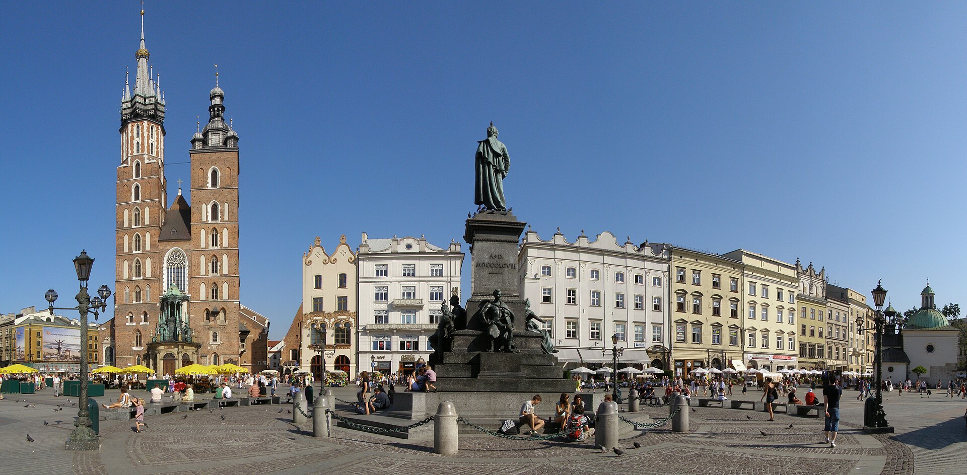 Wide panorama of Rynek Główny, Kraków's Main Market Square, with the Cloth Hall (Sukiennice)