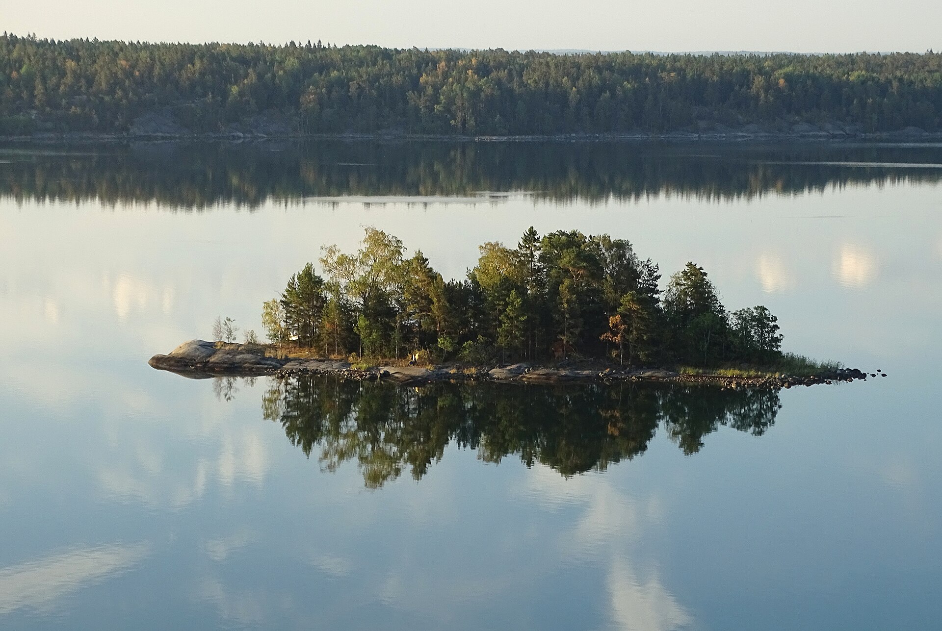 Rocky islands, pine shoreline and calm water in the Stockholm archipelago