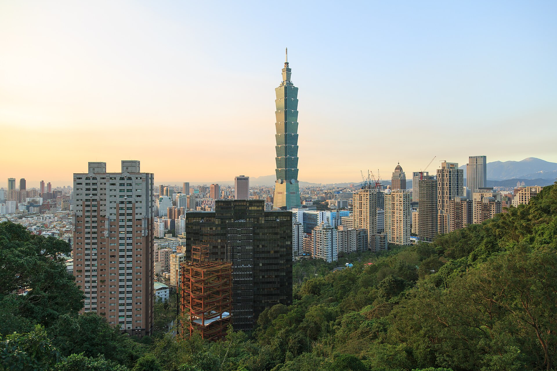 Taipei 101 tower rising above the Xinyi district skyline in Taipei, Taiwan