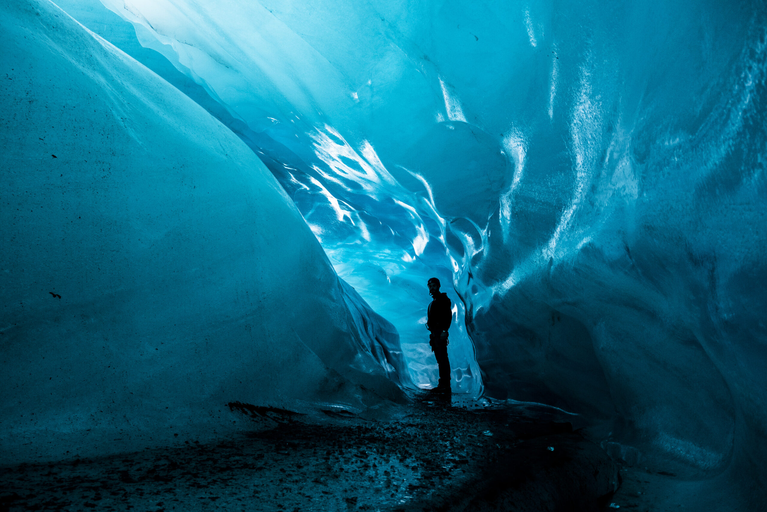 Inside a blue glacier ice cave in Iceland