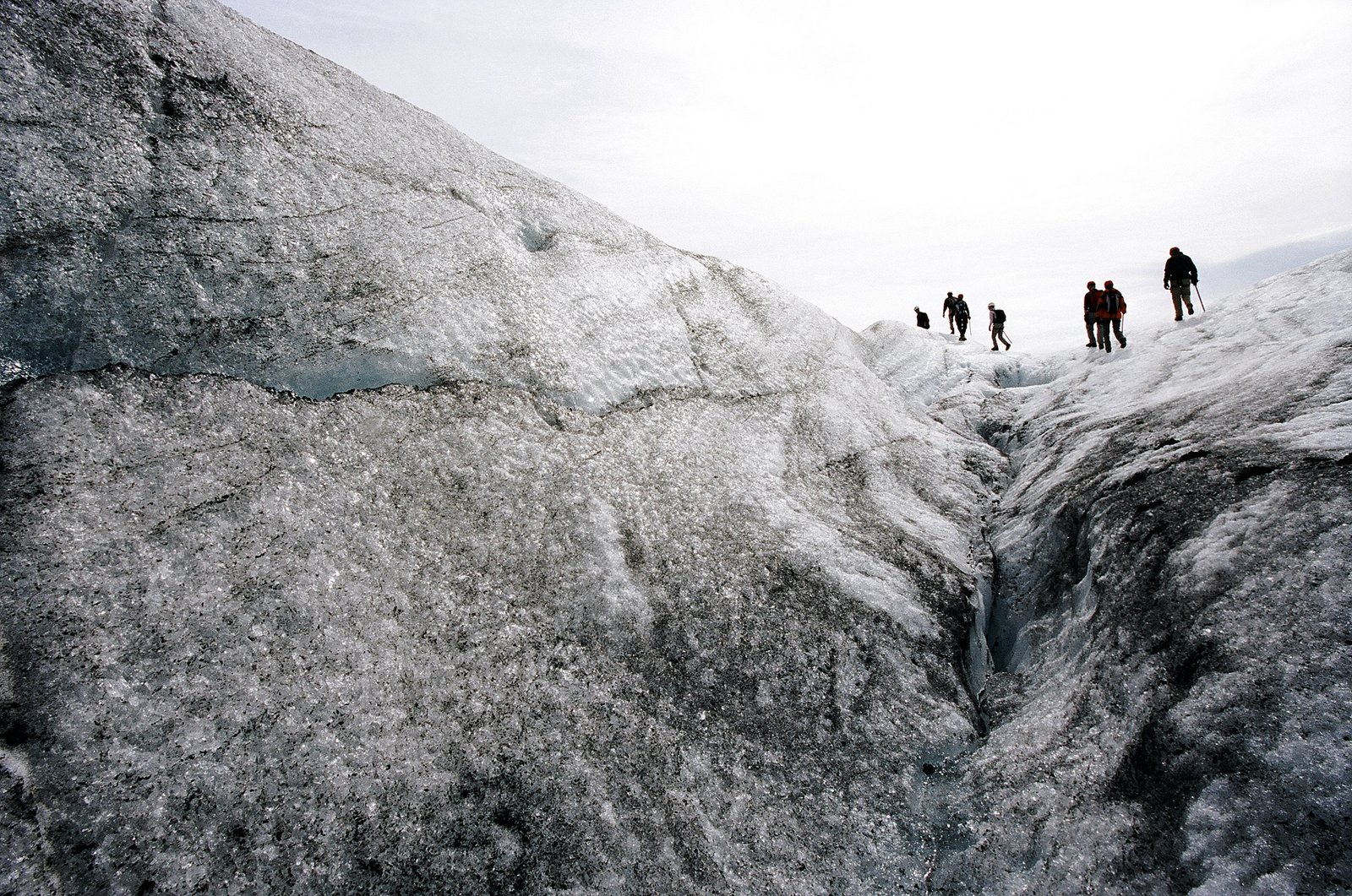Glacier hikers with backpacks walking across the ice at Skaftafell