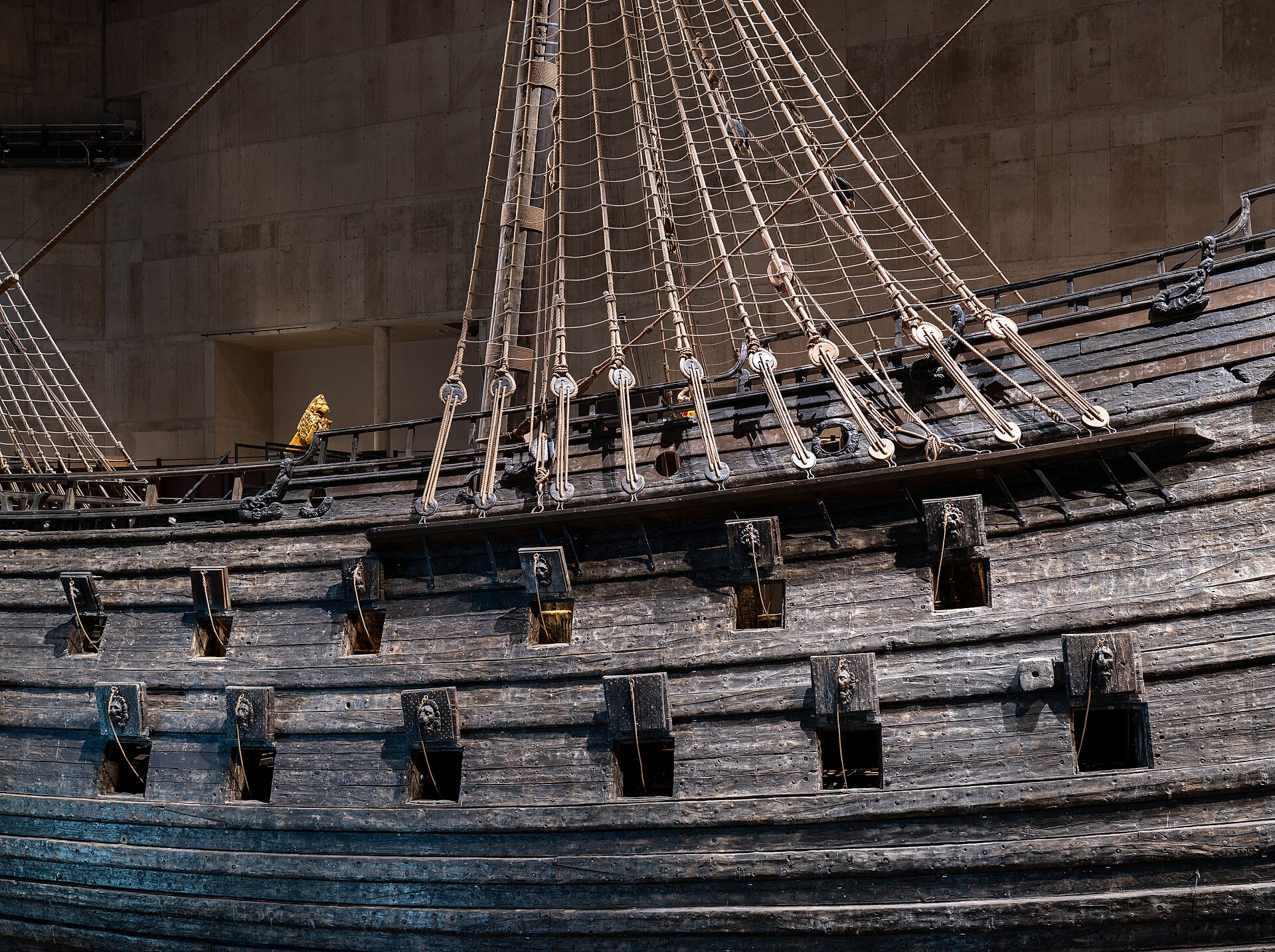 The preserved 17th-century Vasa warship inside the Vasa Museum in Stockholm
