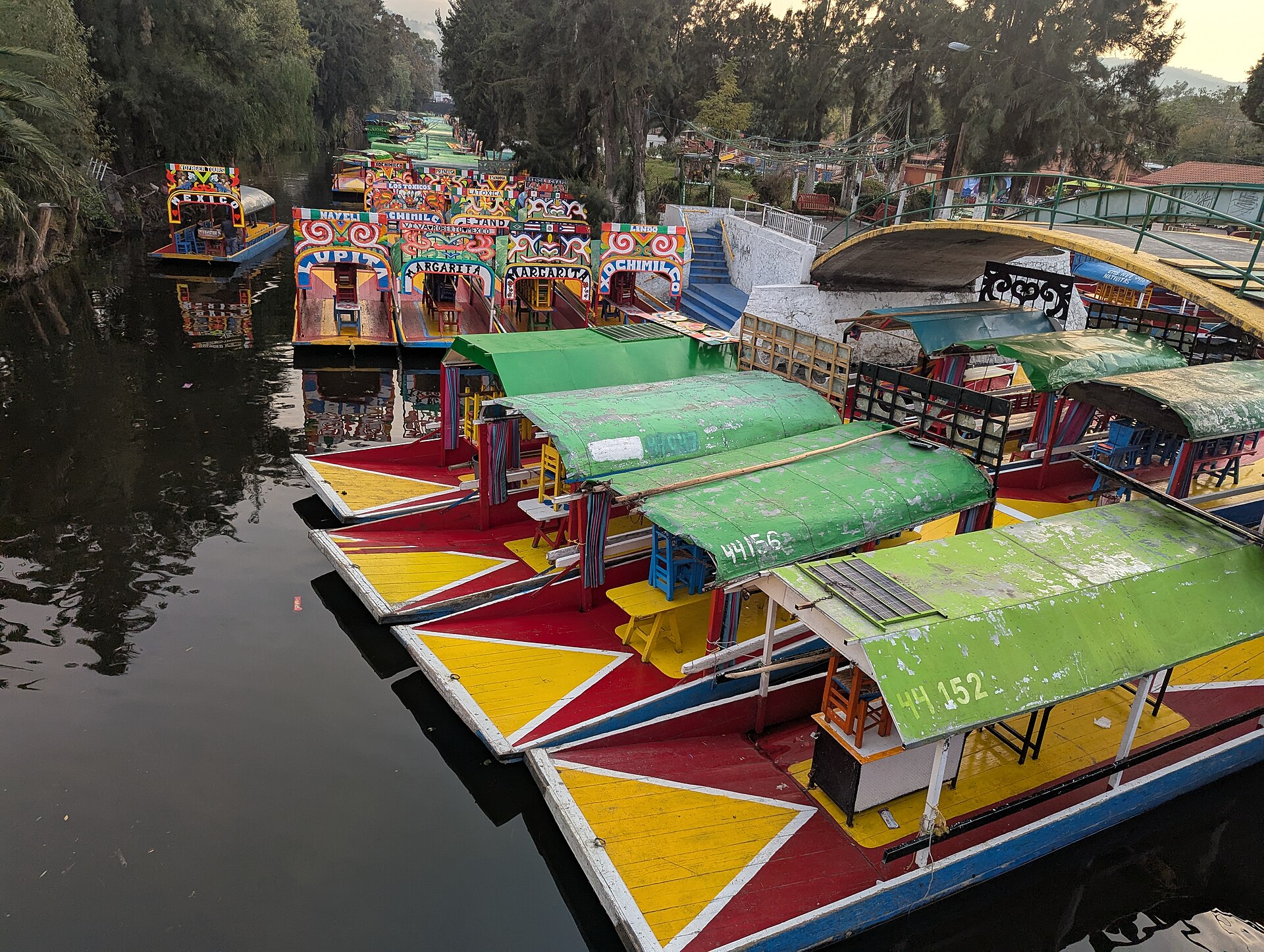 Colorful trajinera boats on the canals of Xochimilco