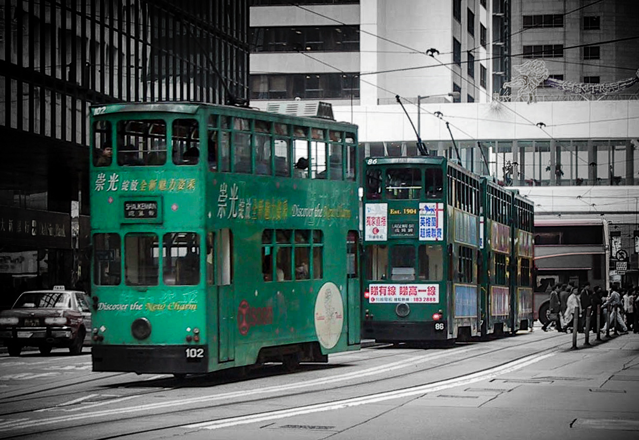 Hong Kong trams, known as ding dings, running through the Central district on Hong Kong Island
