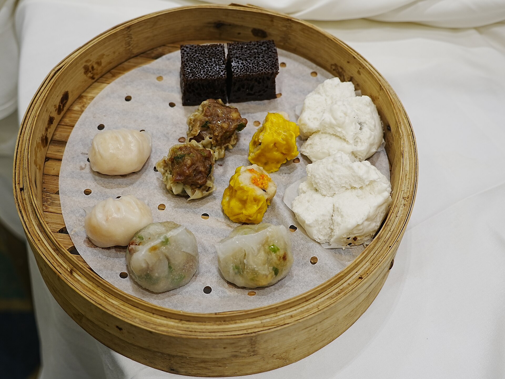 Dim sum Hong Kong bamboo steamers with dumplings and buns