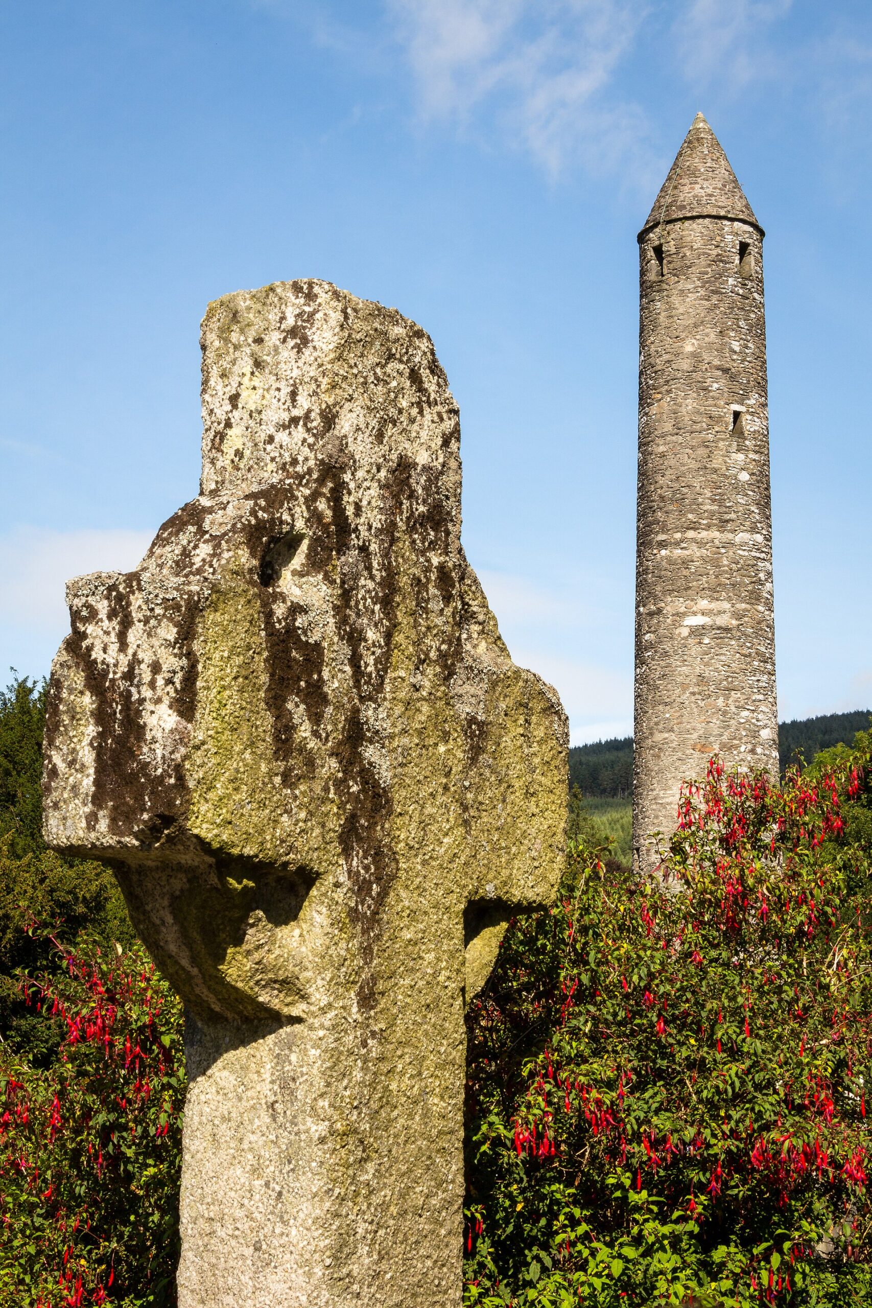 St Kevin's Cross and the Round Tower at Glendalough
