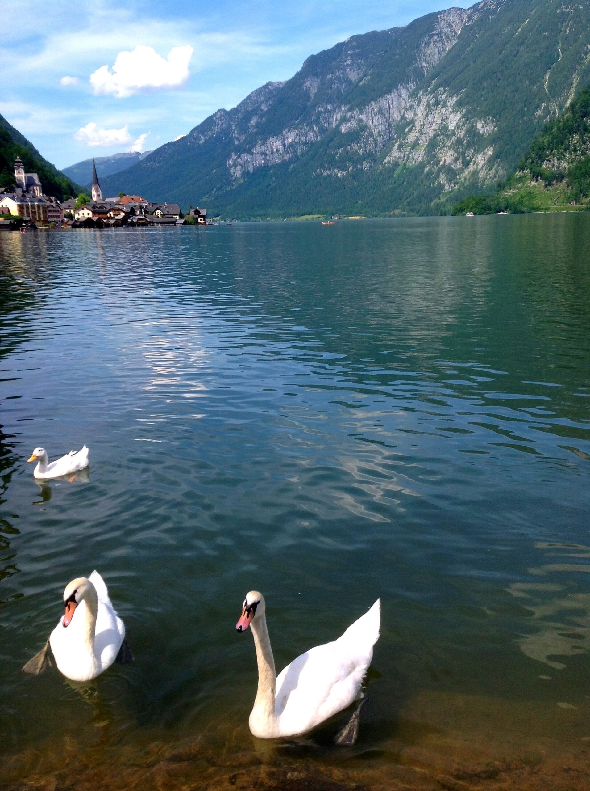 Hallstatt village on the shore of its Alpine lake, Austria