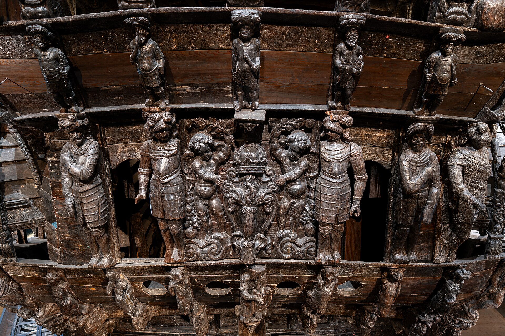 The ornately carved stern of the 17th-century Vasa warship inside the Vasa Museum
