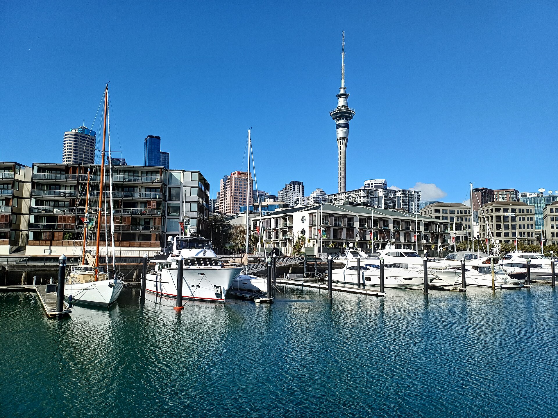 Boats and restaurants along Viaduct Harbour in Auckland