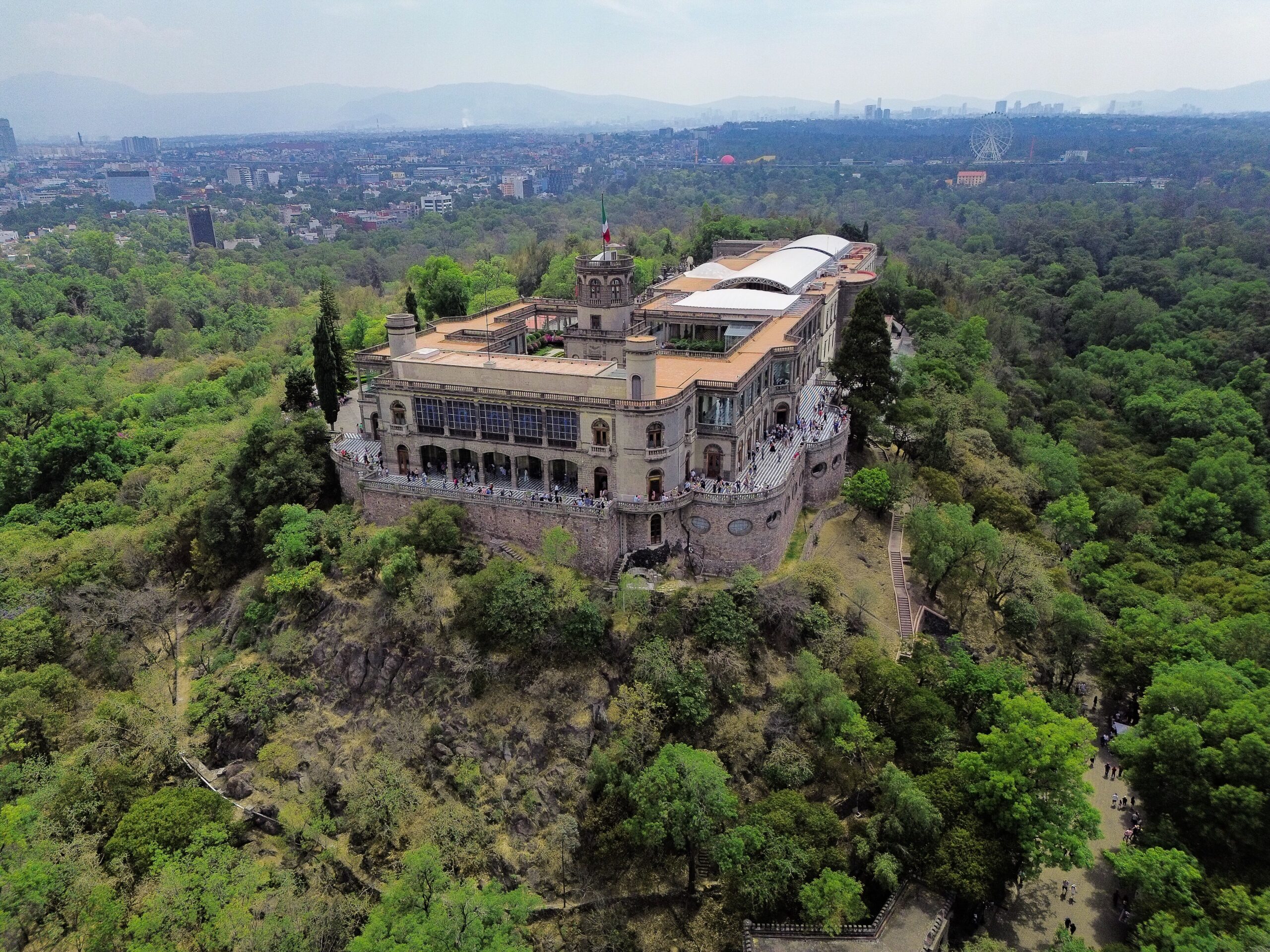 Aerial view of Chapultepec Castle on its hill above Chapultepec Park