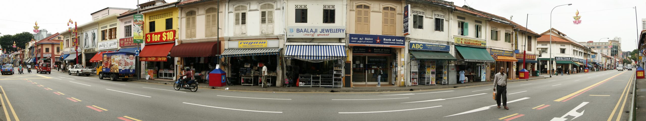 Little India Singapore Serangoon Road colorful shophouse storefronts with Tamil signage
