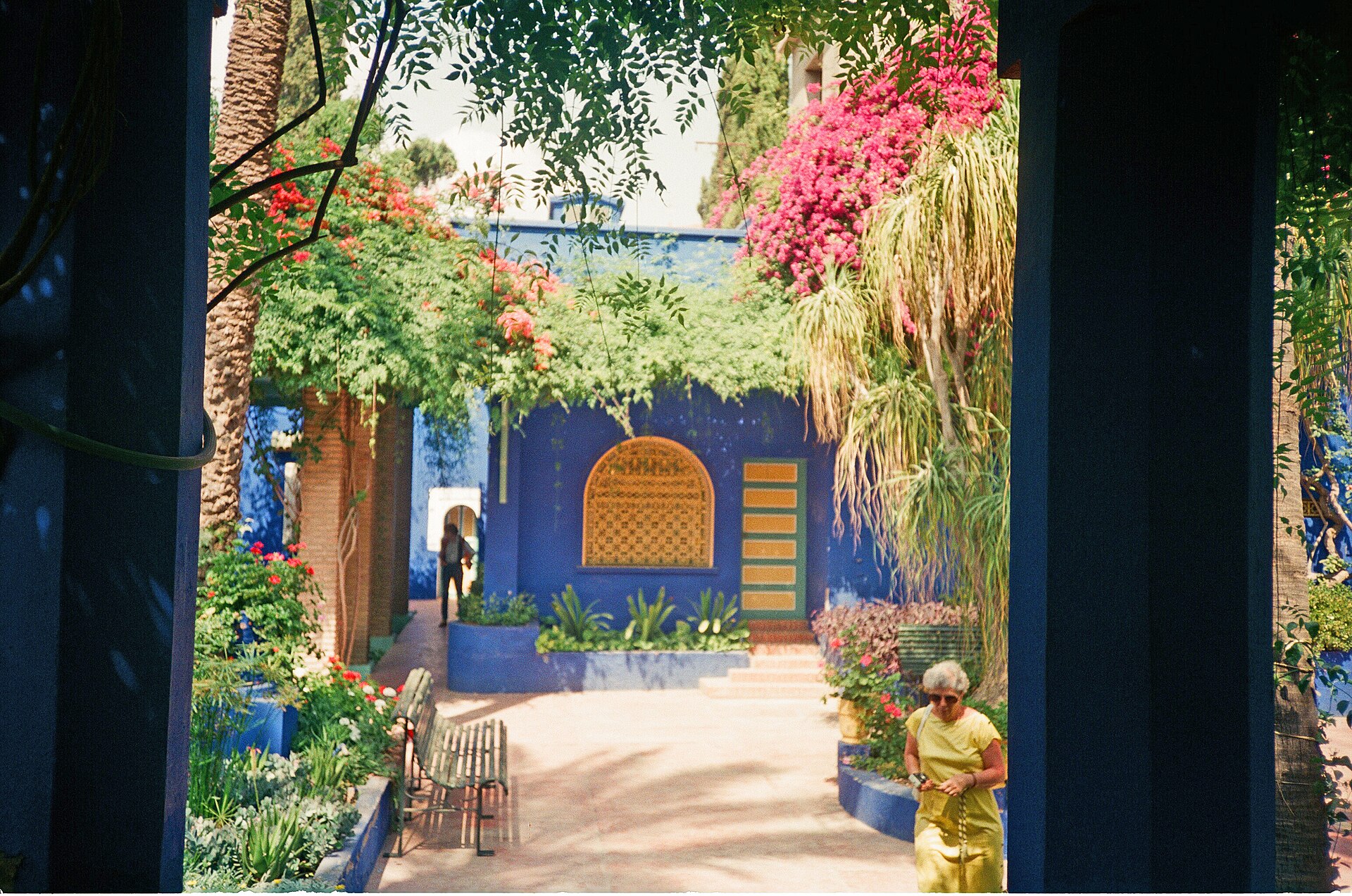 The cobalt-blue Majorelle Garden in Marrakech with cacti and palms