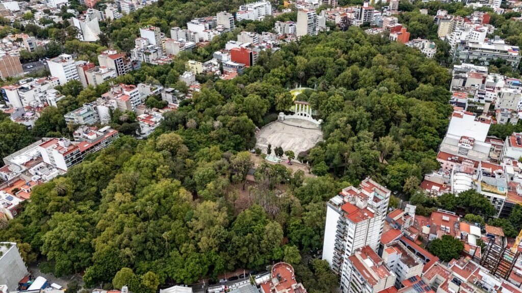 Aerial view of Parque México, the green heart of the Condesa neighborhood