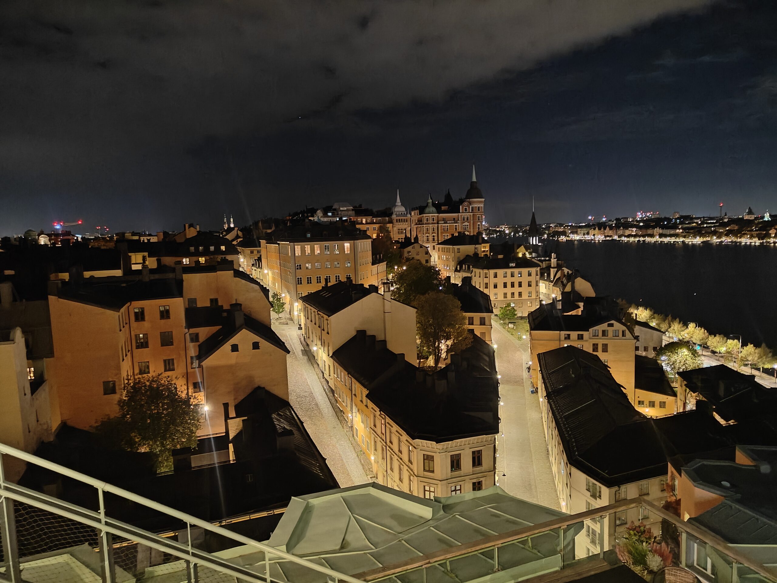 Night view over Södermalm rooftops and the water in Stockholm, Sweden