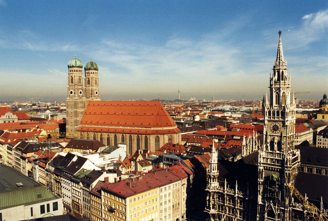 Munich skyline with the Frauenkirche towers seen across the Isar