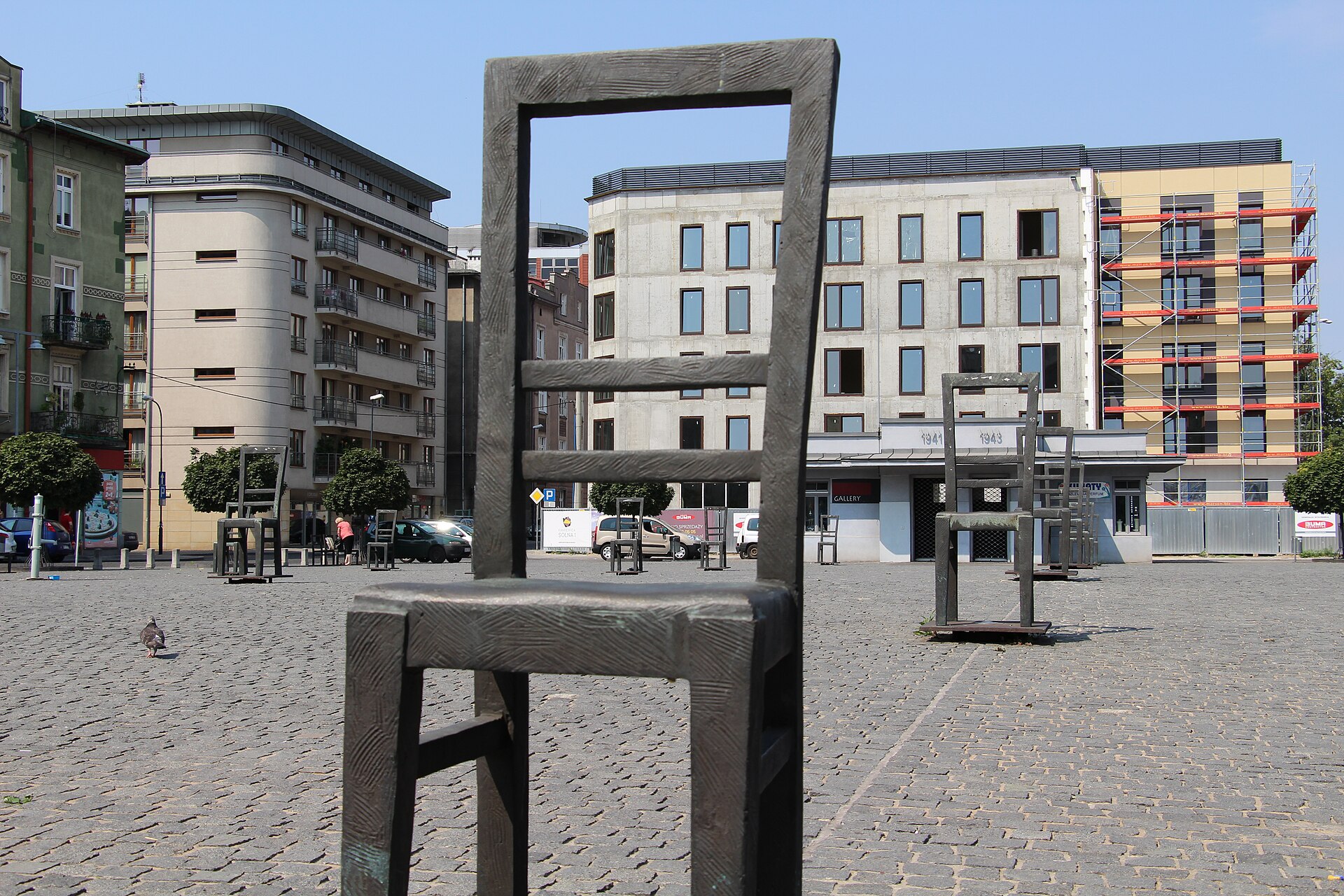 The empty chairs memorial on Ghetto Heroes Square (Plac Bohaterów Getta) in Podgórze, Krakow