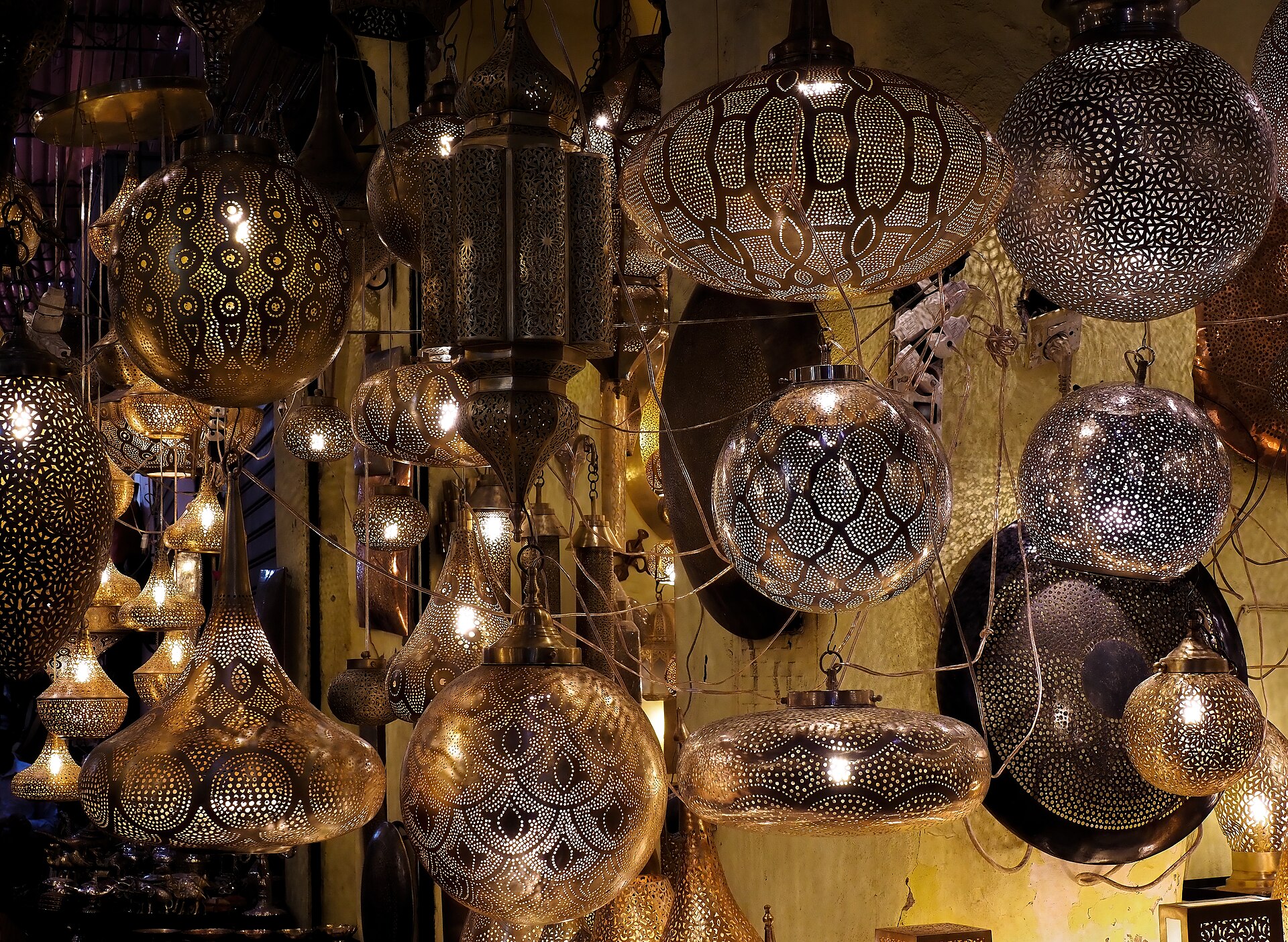 Hanging lanterns in Souk Haddadine in the Marrakech medina
