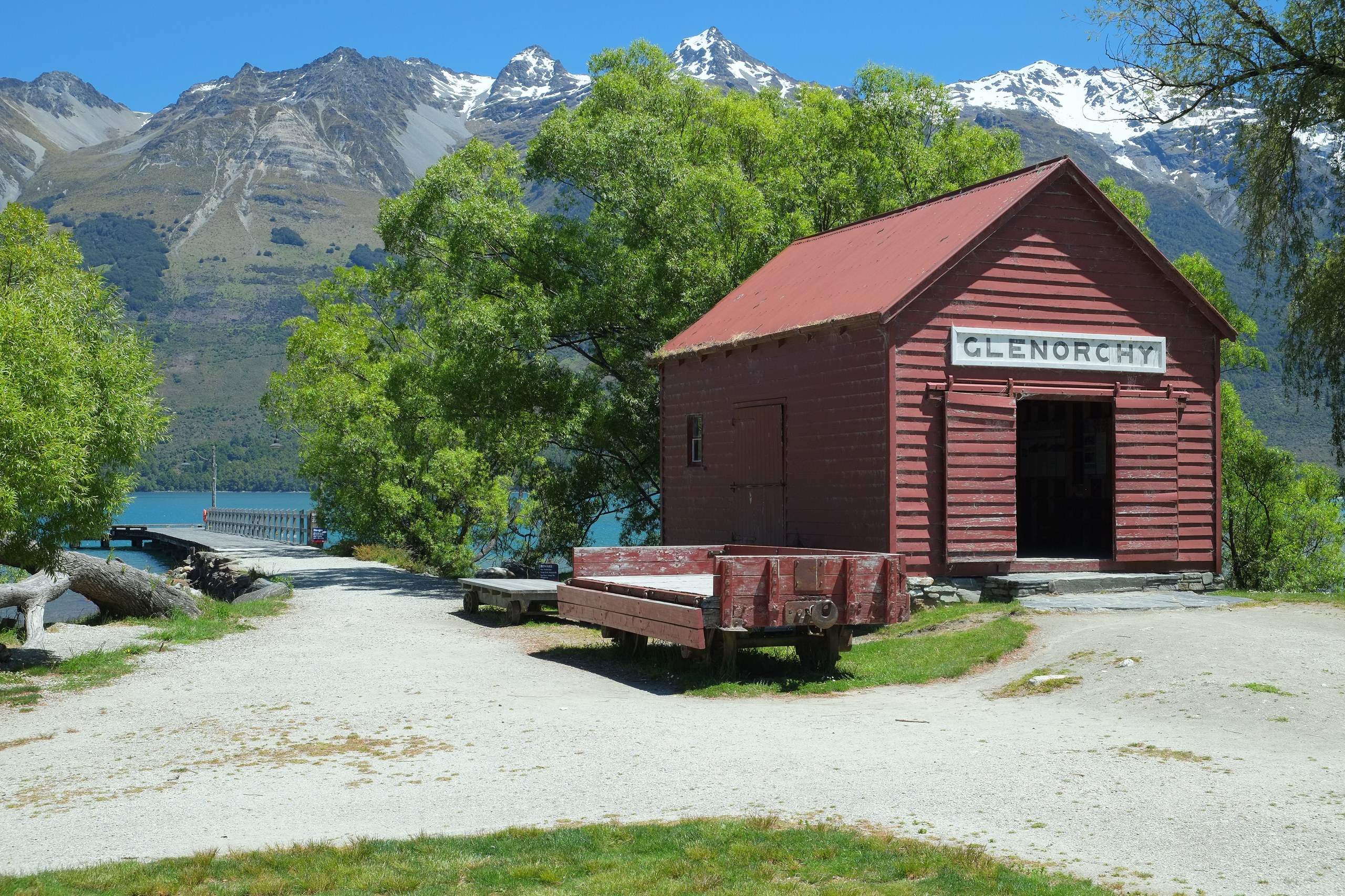 Historic red wharf shed at Glenorchy on Lake Wakatipu