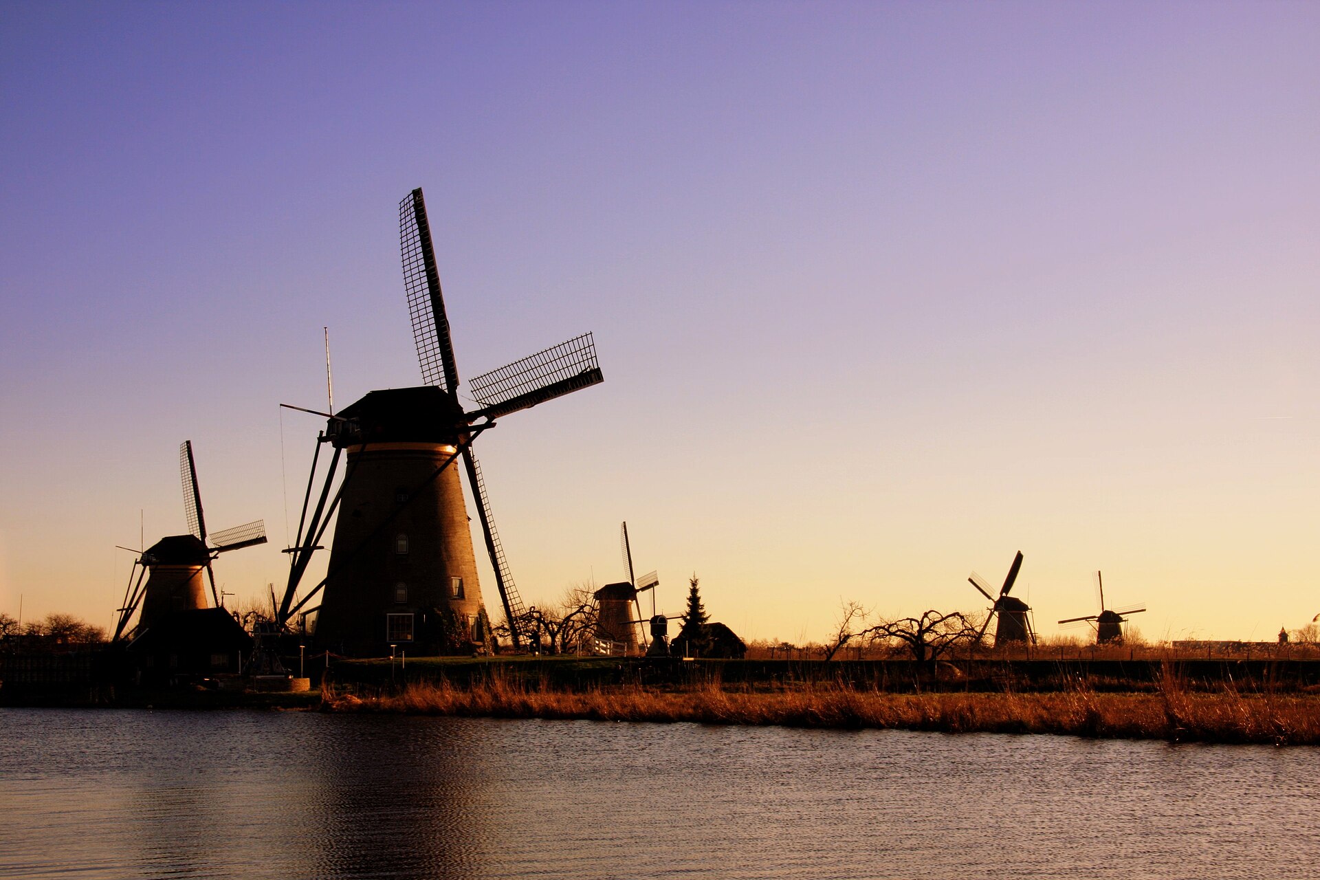 The windmills of Kinderdijk at sunset, a UNESCO World Heritage site near Rotterdam