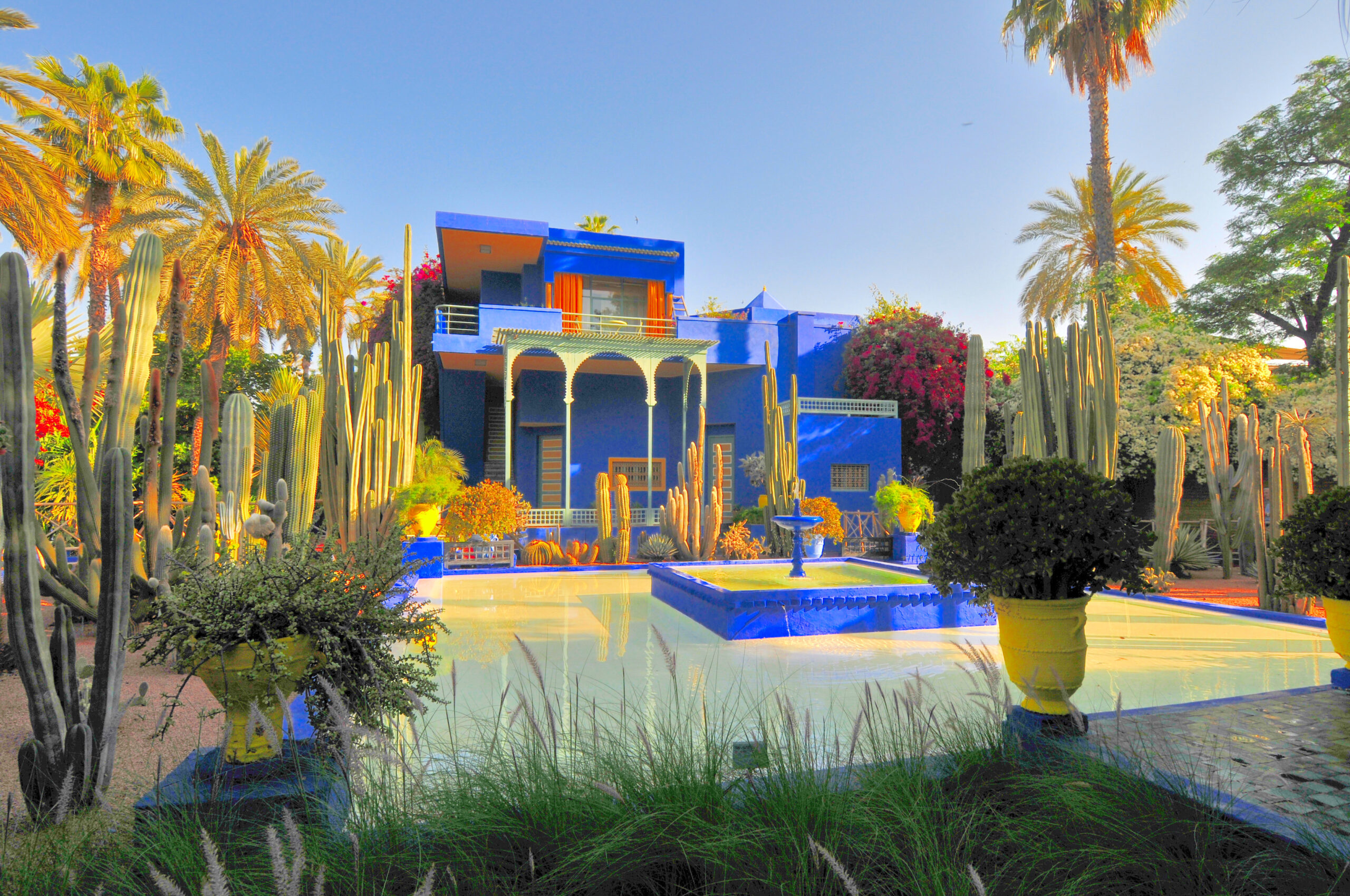 The cobalt-blue villa of Jardin Majorelle surrounded by cacti, palms, and a reflecting pool.