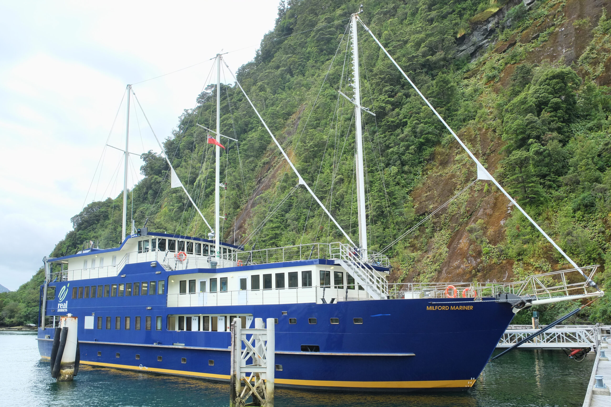 The Milford Mariner overnight cruise vessel at the Milford Sound wharf
