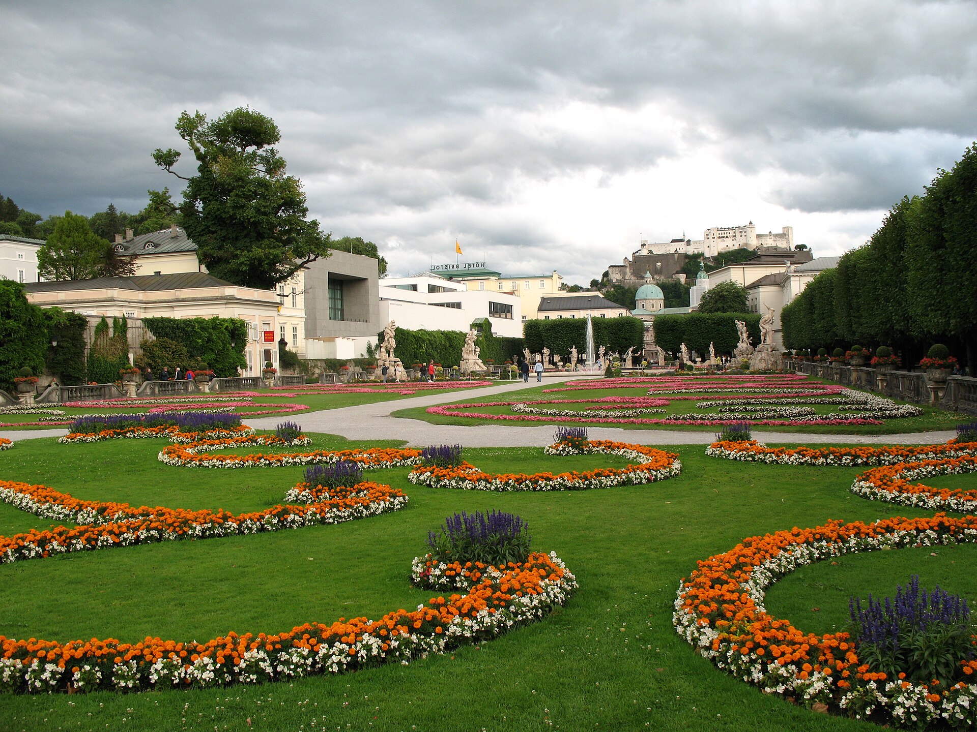 Mirabell Gardens with Hohensalzburg Fortress behind, Salzburg, Austria