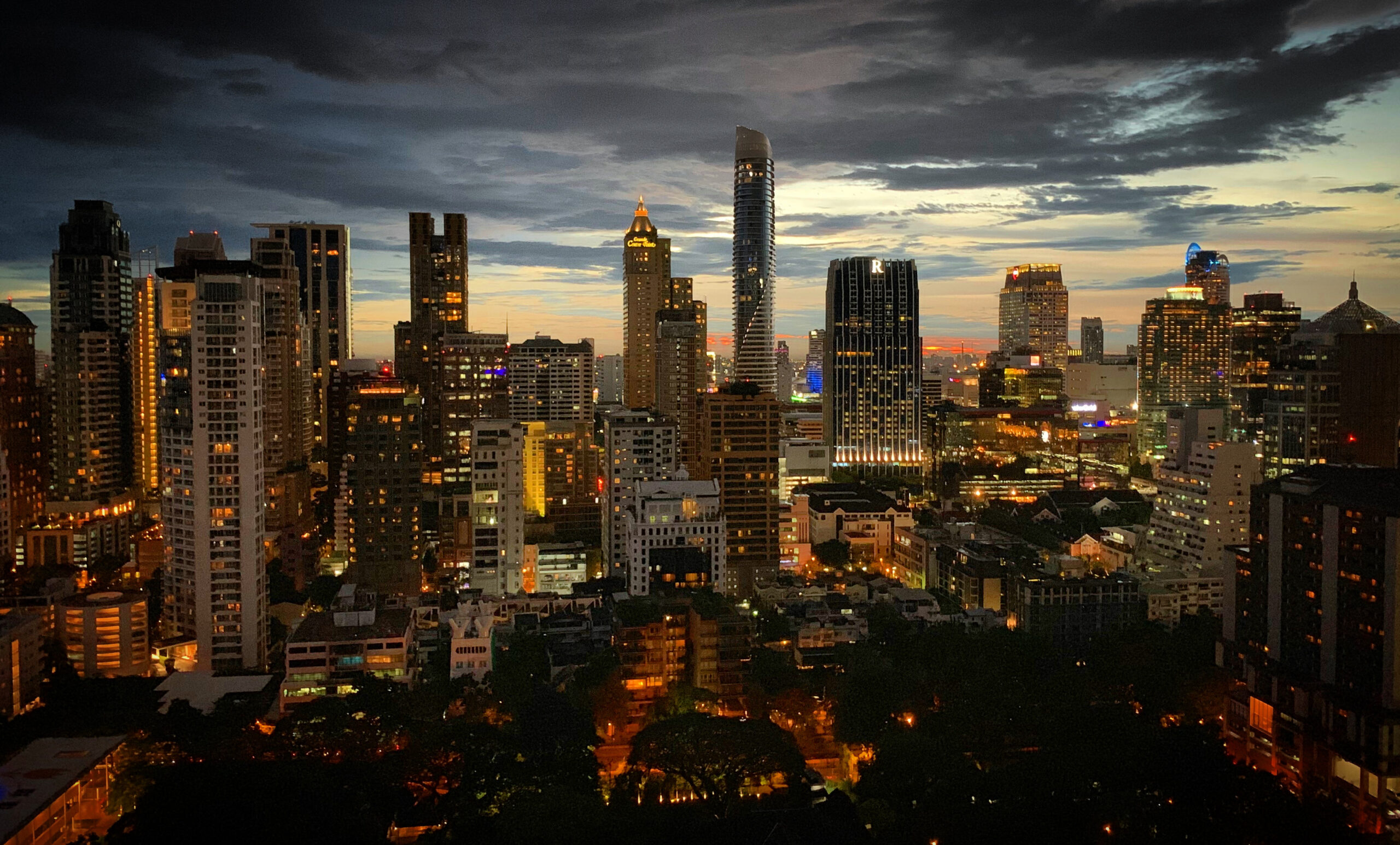 Twilight over the Ratchadamri district skyline in central Bangkok