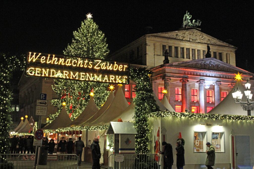 WeihnachtsZauber Christmas market at Gendarmenmarkt, Berlin, at night