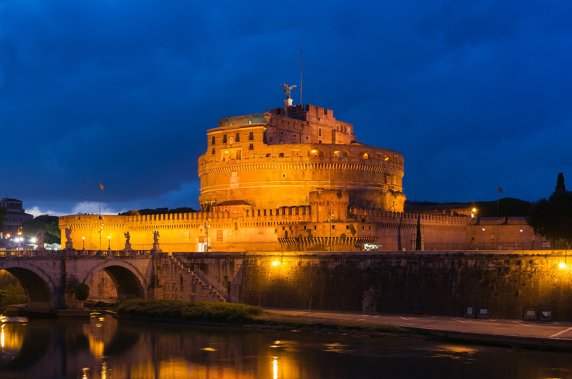 Castel Sant'Angelo at dusk beside the Tiber, Rome