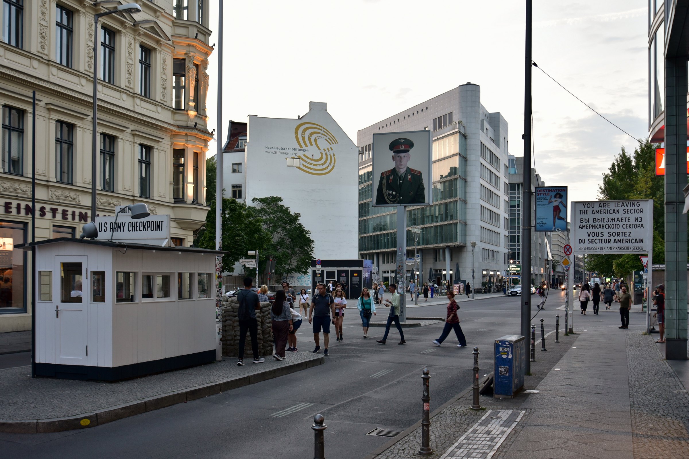 Checkpoint Charlie guardhouse and sign in Berlin