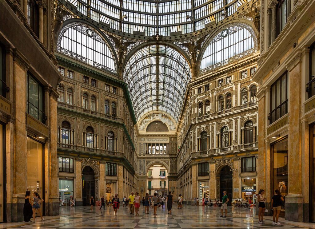 Glass-domed interior of the Galleria Umberto I arcade in Naples