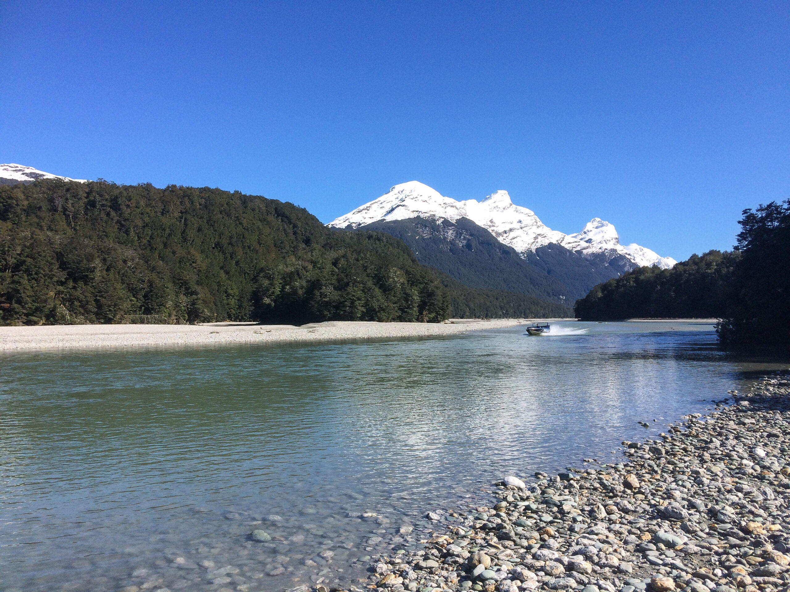 A jet boat on the Dart River in Otago, New Zealand