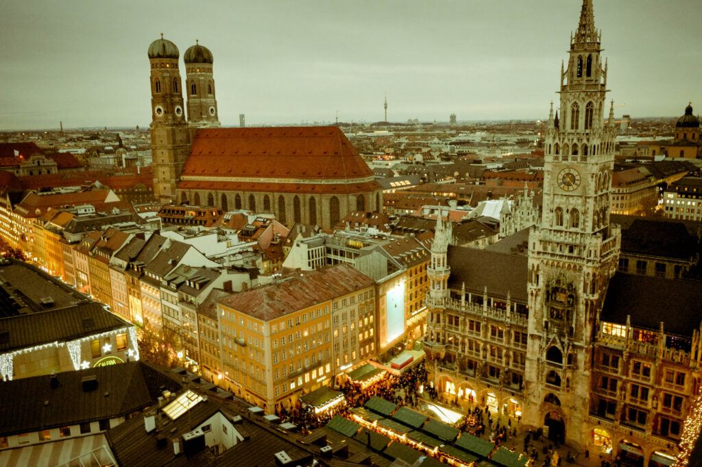 Munich Christkindlmarkt on Marienplatz seen from St. Peter's church tower