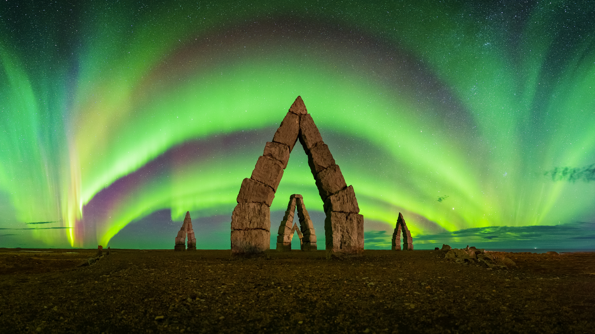 Northern lights over the Arctic Henge monument in North Iceland